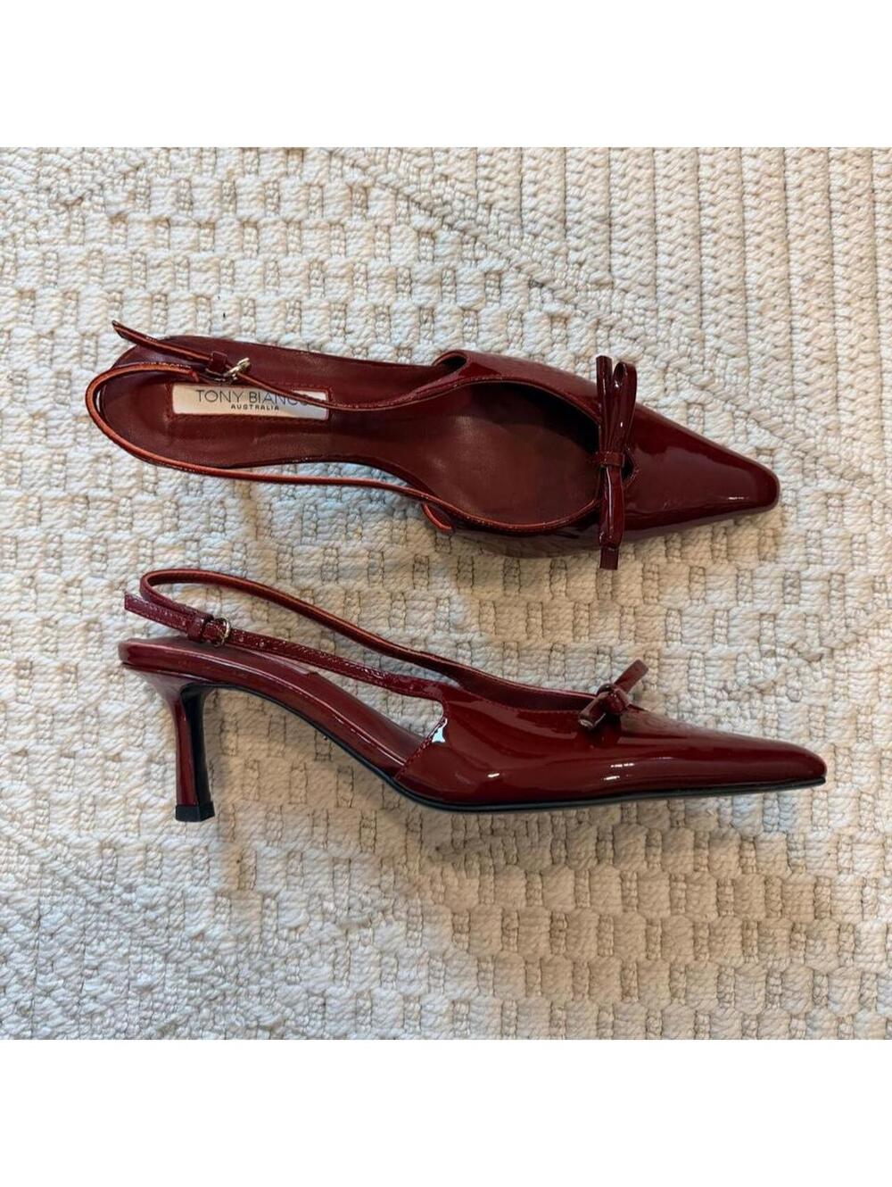 Tony Bianco Quill Slingbacks Kitten Heels in Bordeaux Patent